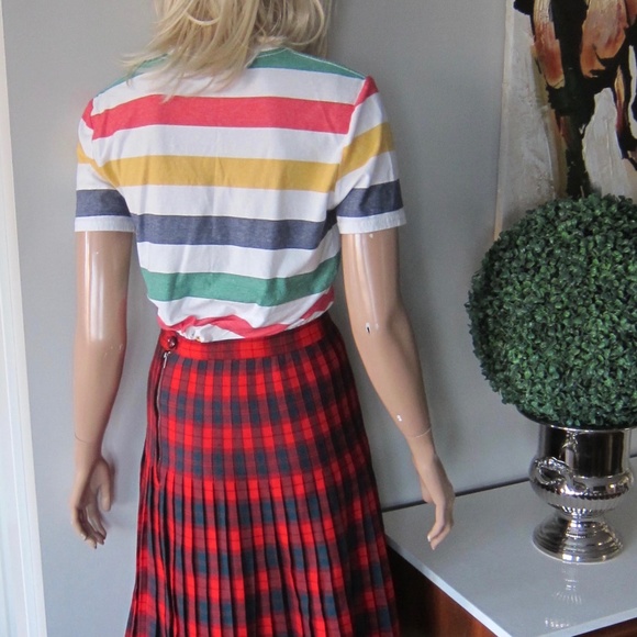 Vintage Aljean 60s red and green tartan pleated wool midi skirt made in Canada - Picture 6 of 16